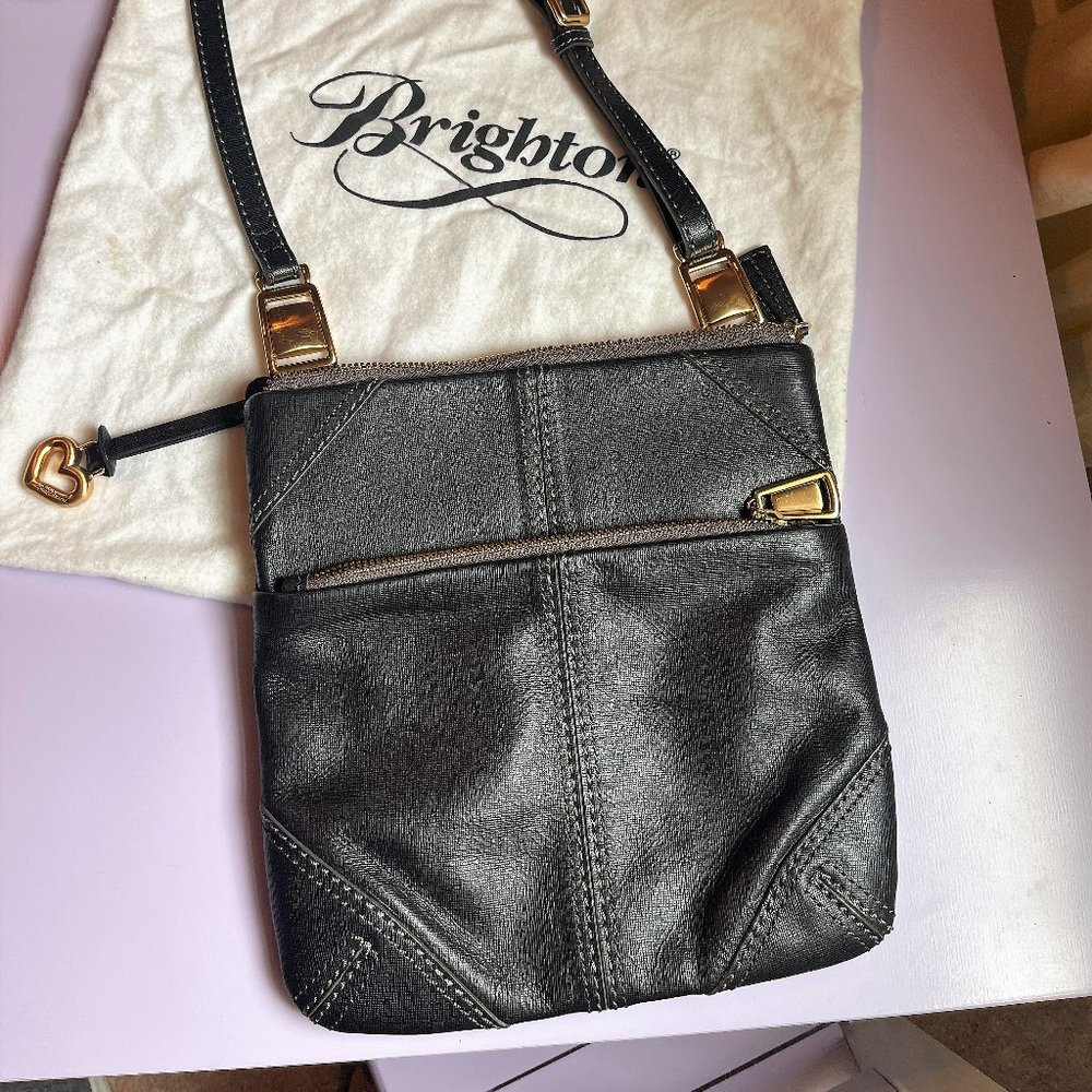 Black Leather Brighton Crossbody W Gold Accents